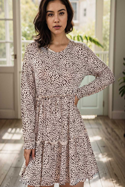 loose leopard print v neck dress drop shoulder a line closed cape paneled 127200