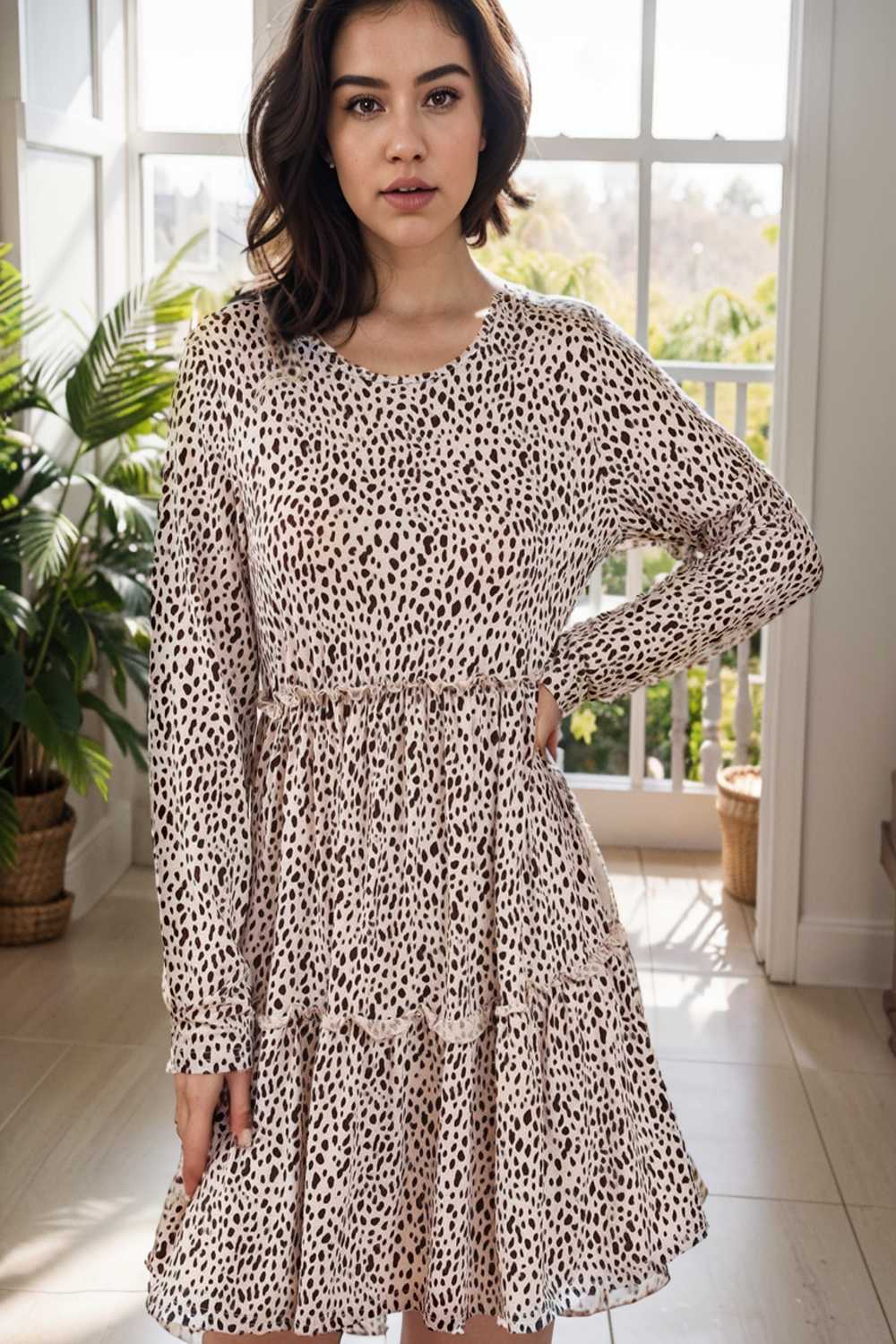 loose leopard print v neck dress drop shoulder a line closed cape paneled 147671