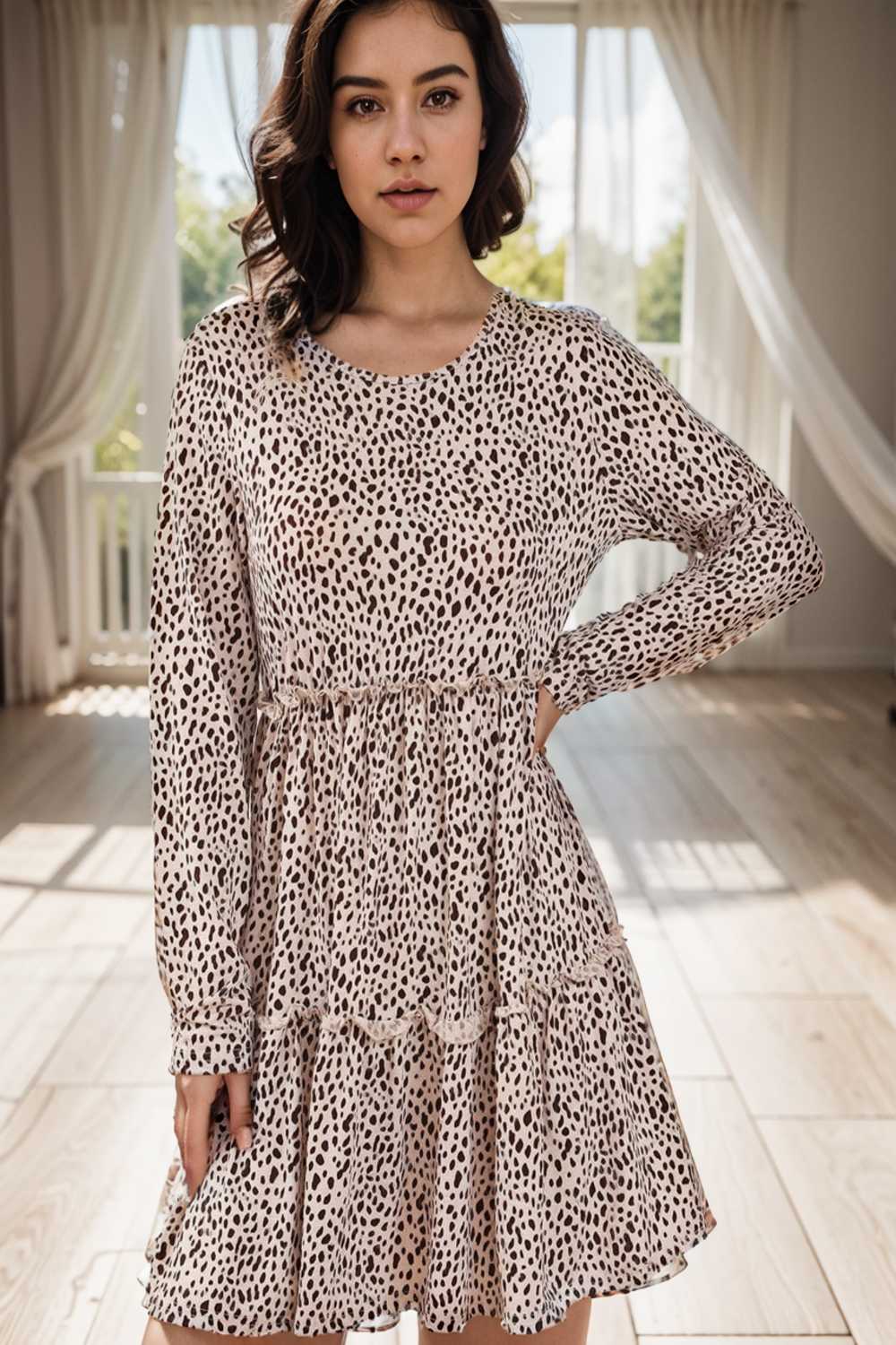 loose leopard print v neck dress drop shoulder a line closed cape paneled 142424