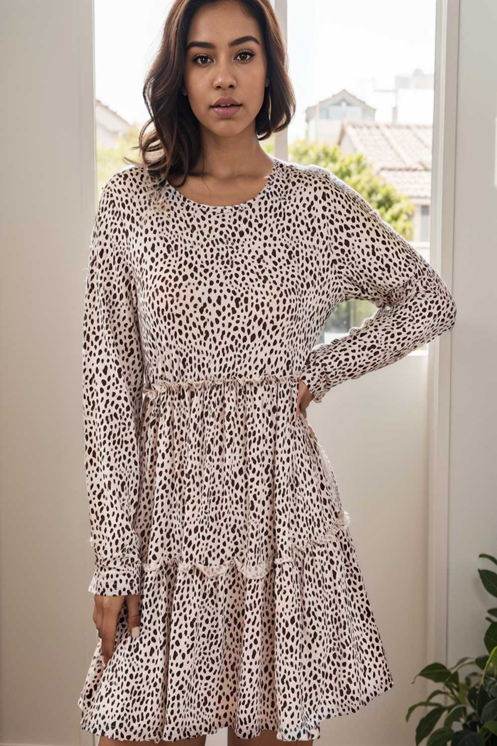 loose leopard print v neck dress drop shoulder a line closed cape paneled 106498