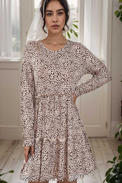 loose leopard print v neck dress drop shoulder a line closed cape paneled 135390