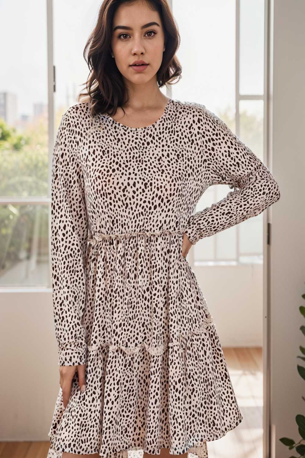 loose leopard print v neck dress drop shoulder a line closed cape paneled 106497