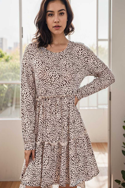 loose leopard print v neck dress drop shoulder a line closed cape paneled 106497