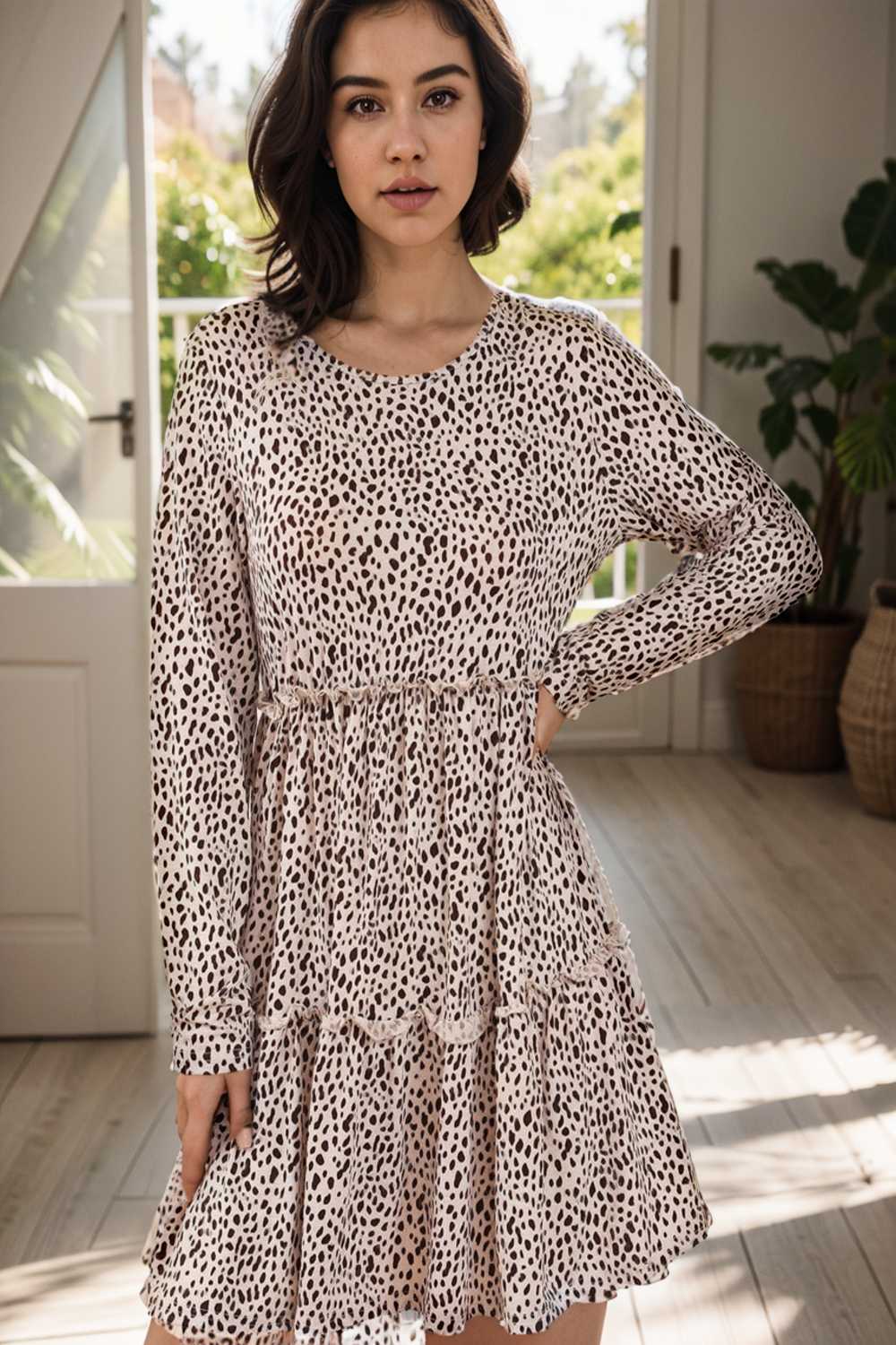 loose leopard print v neck dress drop shoulder a line closed cape paneled 147668