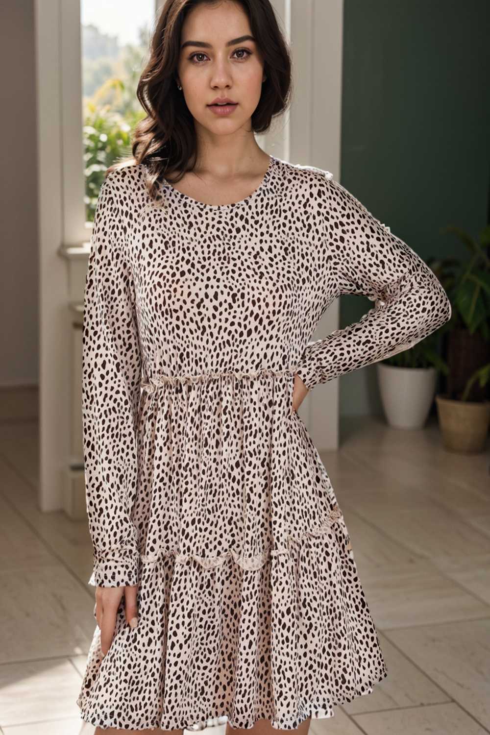 loose leopard print v neck dress drop shoulder a line closed cape paneled 142422