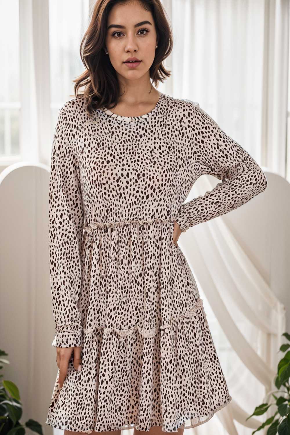 loose leopard print v neck dress drop shoulder a line closed cape paneled 106496