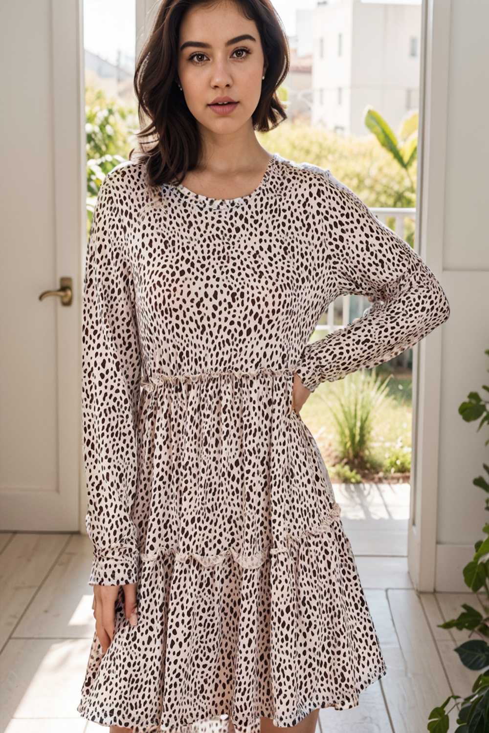 loose leopard print v neck dress drop shoulder a line closed cape paneled 106495