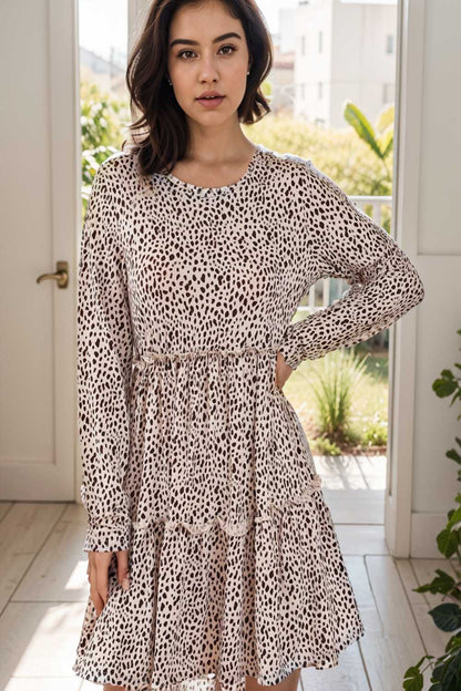 loose leopard print v neck dress drop shoulder a line closed cape paneled 106495