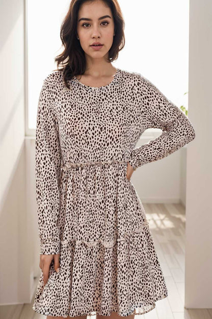 loose leopard print v neck dress drop shoulder a line closed cape paneled 135387