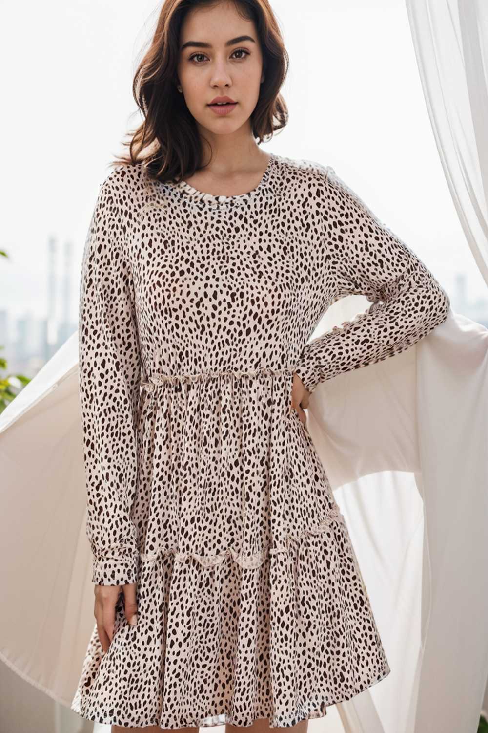 loose leopard print v neck dress drop shoulder a line closed cape paneled 106494