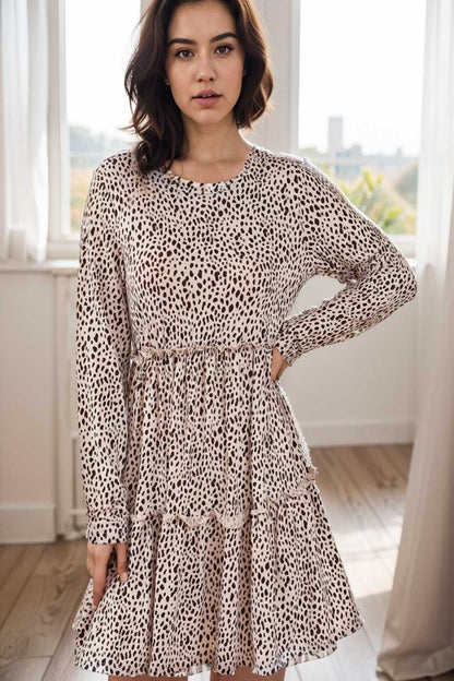 loose leopard print v neck dress drop shoulder a line closed cape paneled 142420