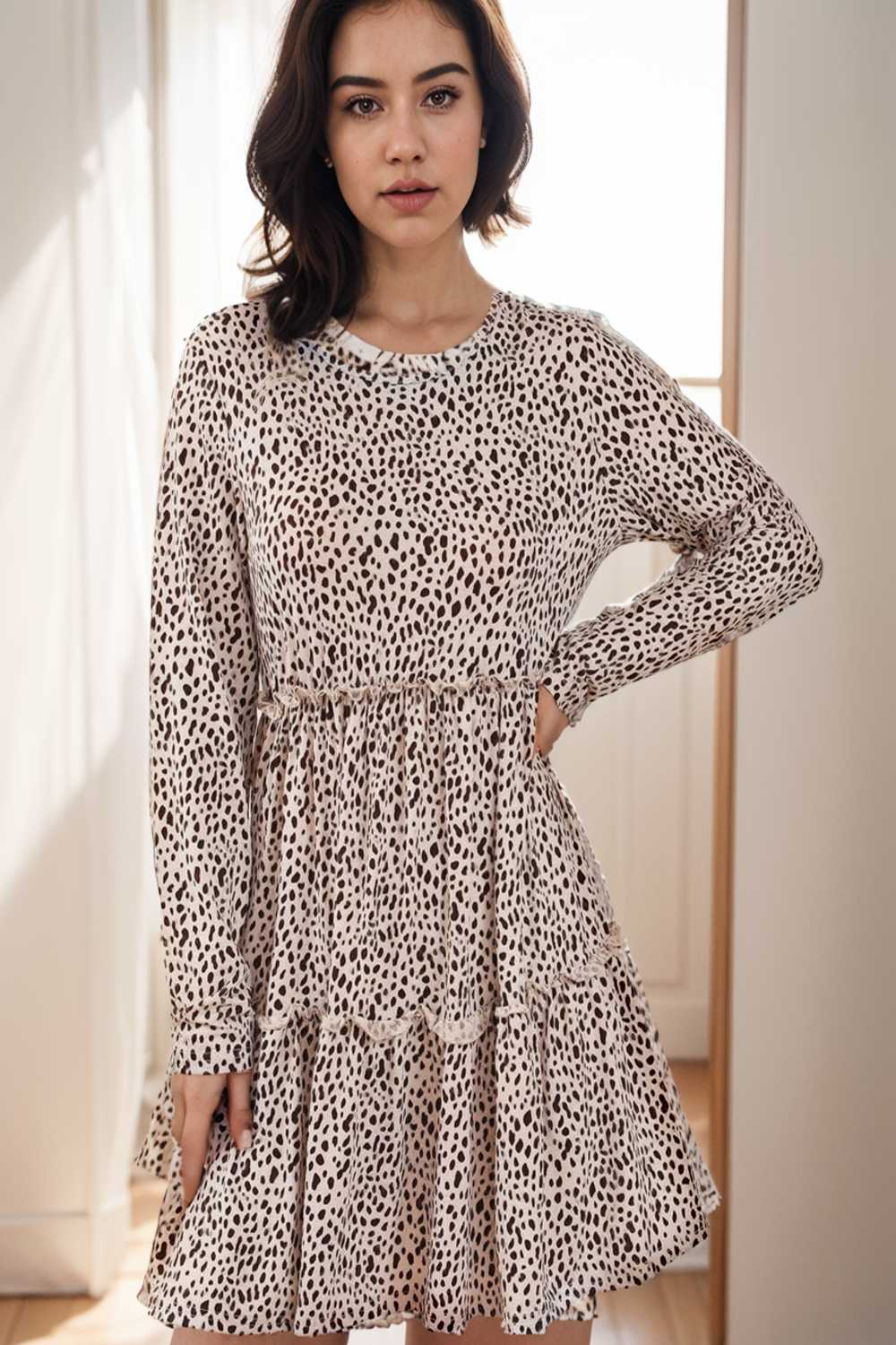 loose leopard print v neck dress drop shoulder a line closed cape paneled 147665