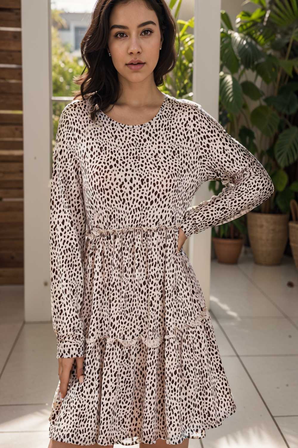 loose leopard print v neck dress drop shoulder a line closed cape paneled 106493