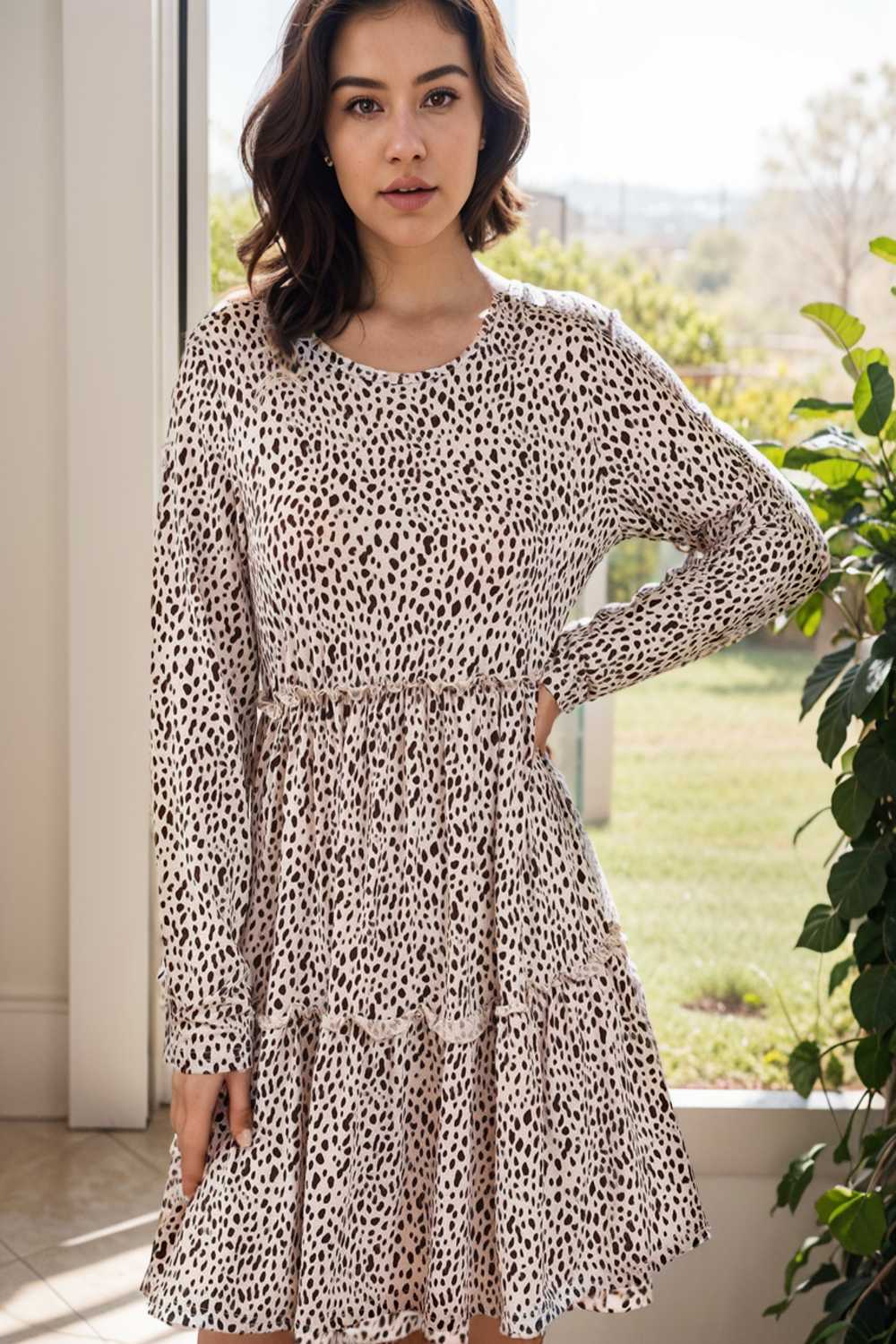 loose leopard print v neck dress drop shoulder a line closed cape paneled 142419