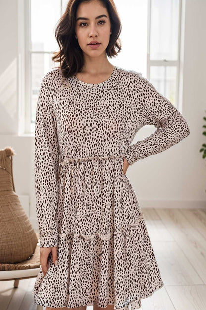 loose leopard print v neck dress drop shoulder a line closed cape paneled 127194