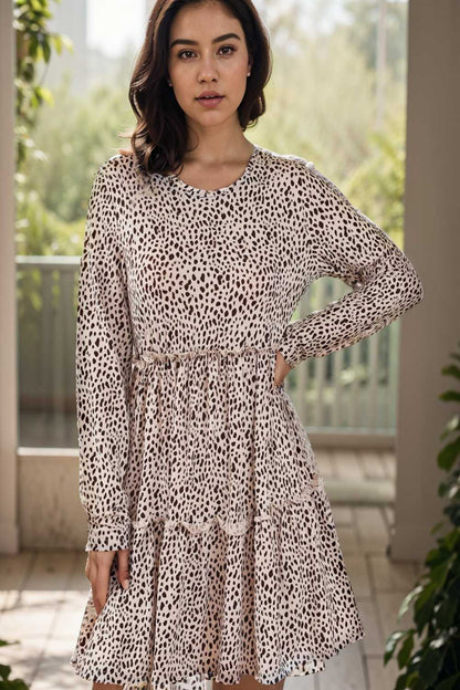 loose leopard print v neck dress drop shoulder a line closed cape paneled 123061