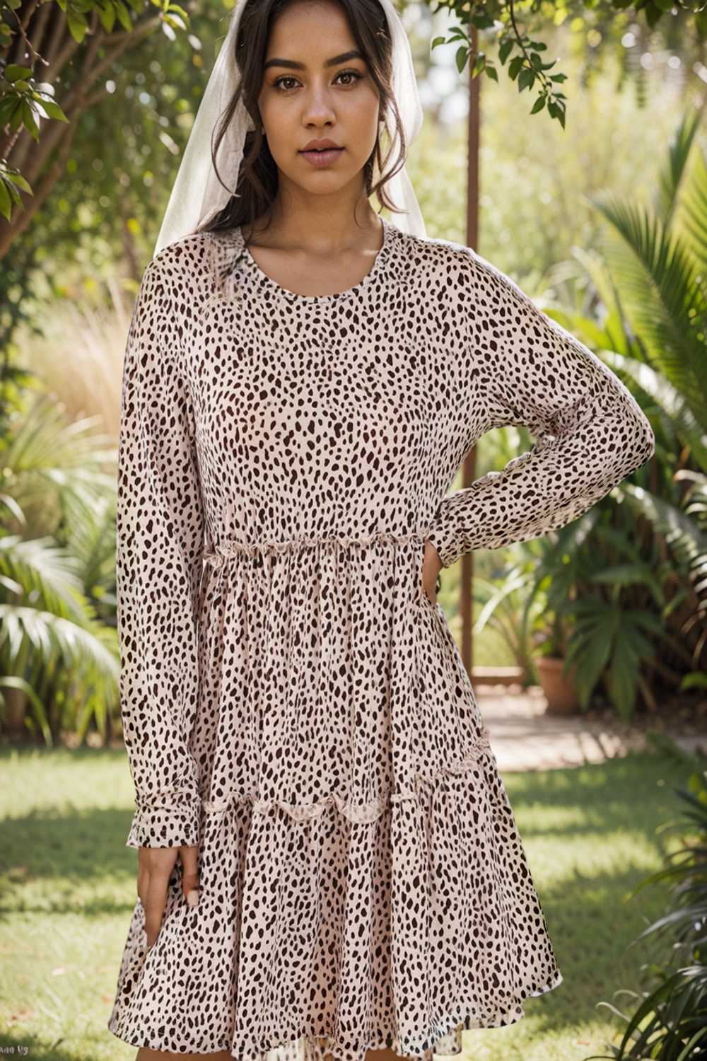 loose leopard print v neck dress drop shoulder a line closed cape paneled 106492