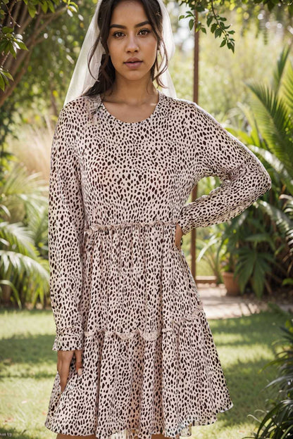 loose leopard print v neck dress drop shoulder a line closed cape paneled 106492