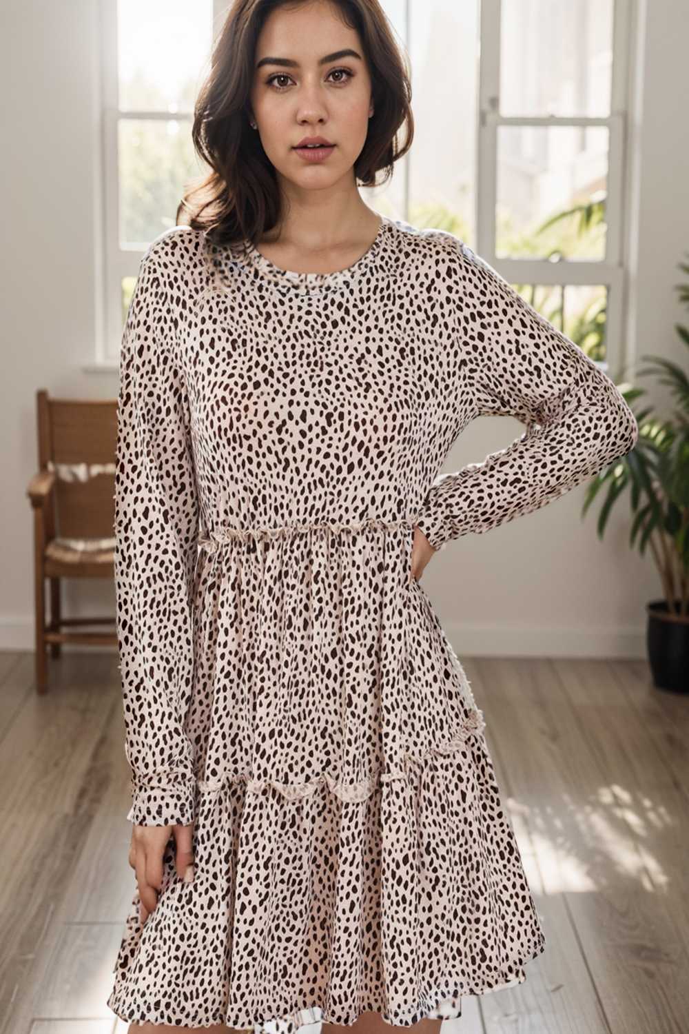 loose leopard print v neck dress drop shoulder a line closed cape paneled 105065
