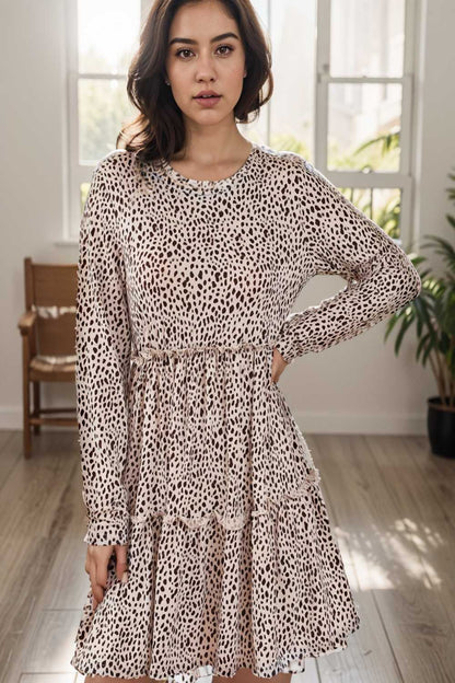 loose leopard print v neck dress drop shoulder a line closed cape paneled 105065