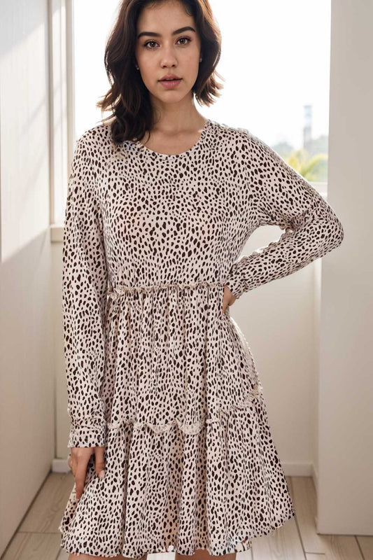 loose leopard print v neck dress drop shoulder a line closed cape paneled 127192