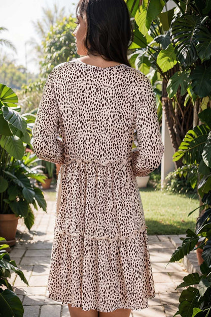 loose leopard print v neck dress drop shoulder a line closed cape paneled 110879