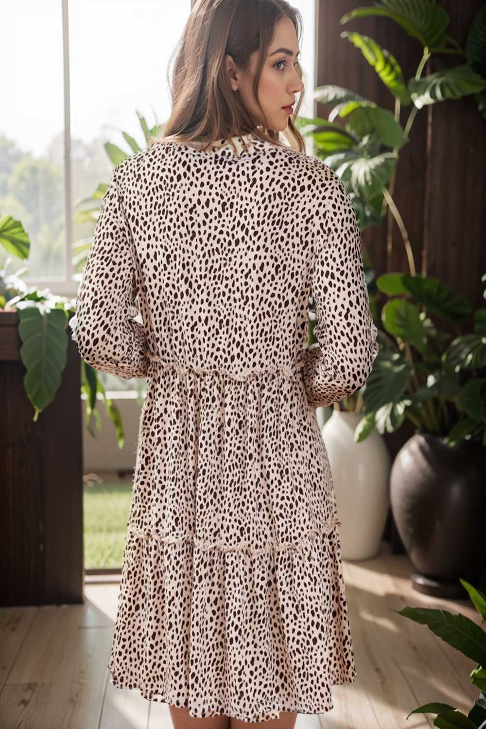 loose leopard print v neck dress drop shoulder a line closed cape paneled 132928