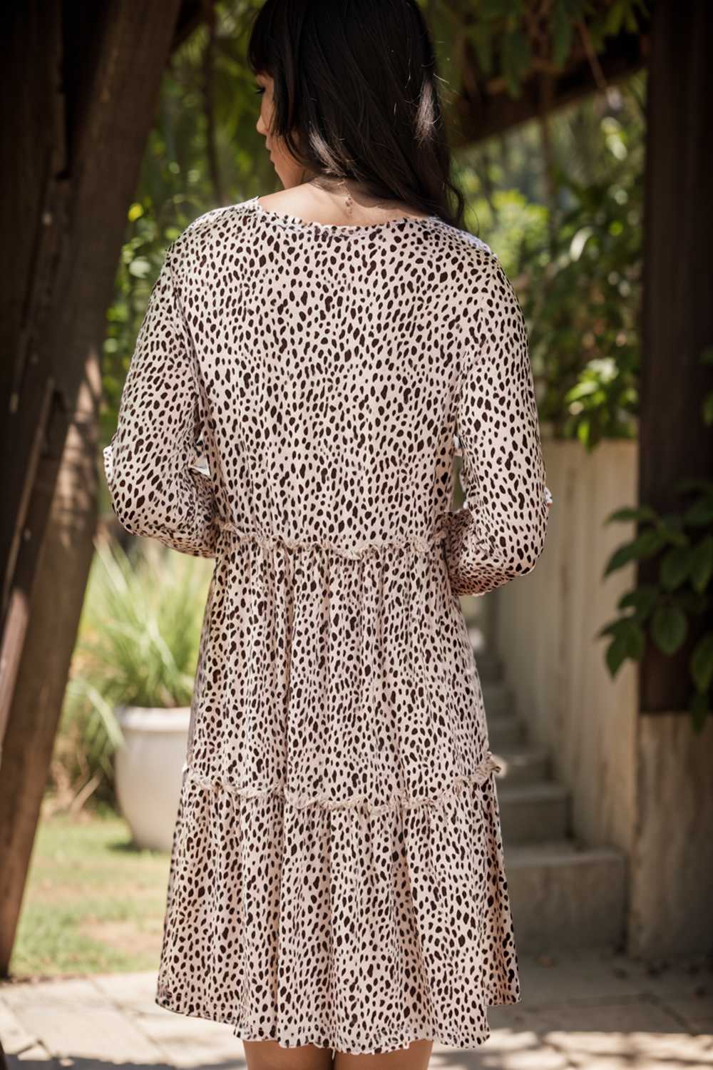 loose leopard print v neck dress drop shoulder a line closed cape paneled 123106