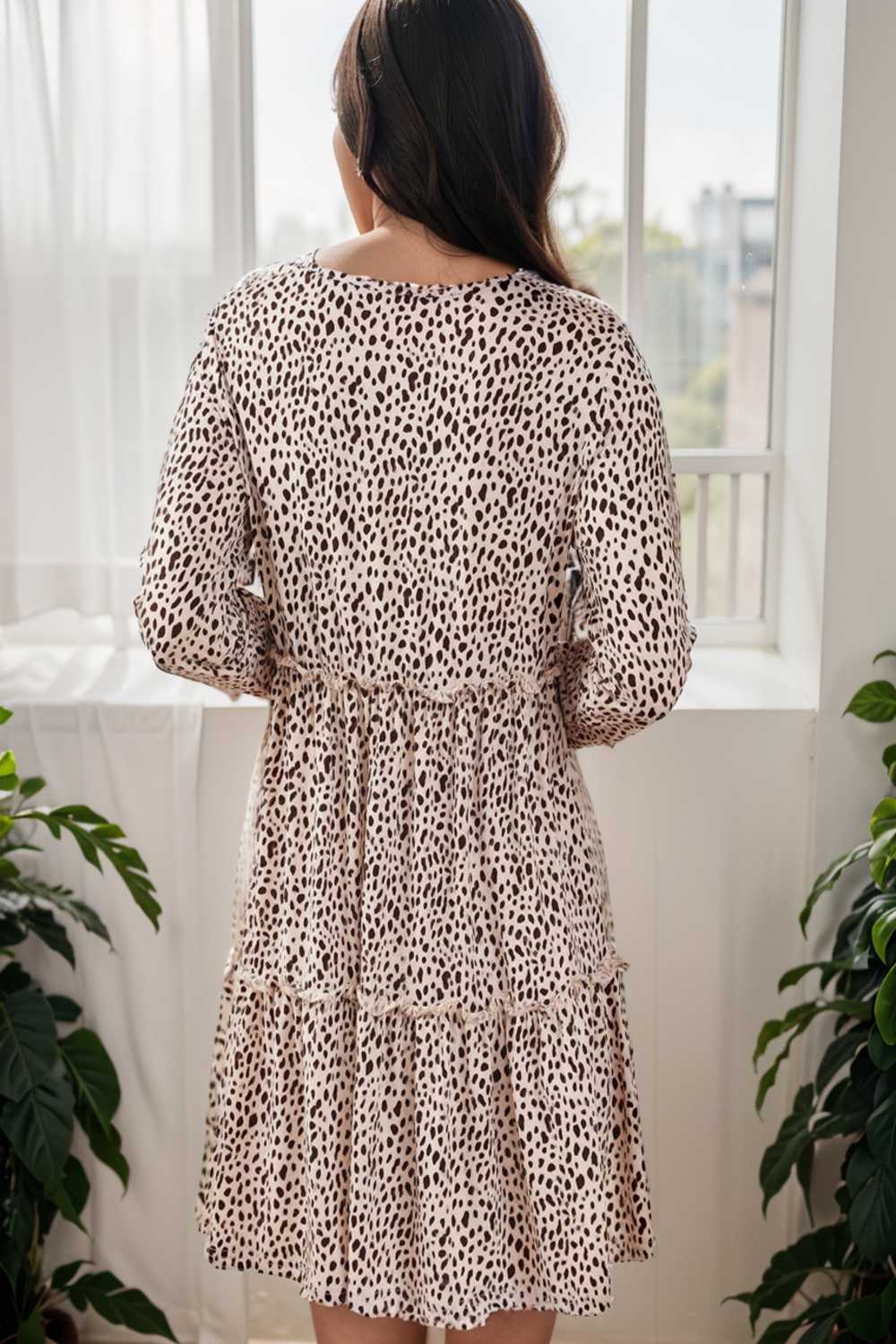 loose leopard print v neck dress drop shoulder a line closed cape paneled 142418