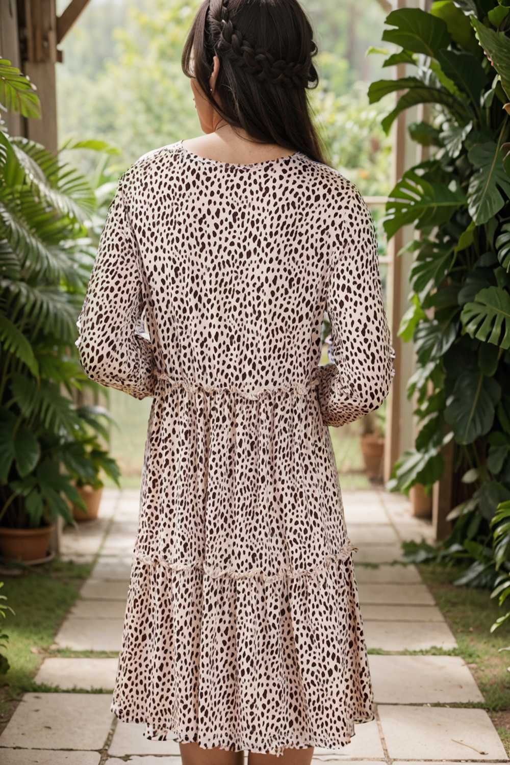 loose leopard print v neck dress drop shoulder a line closed cape paneled 107671