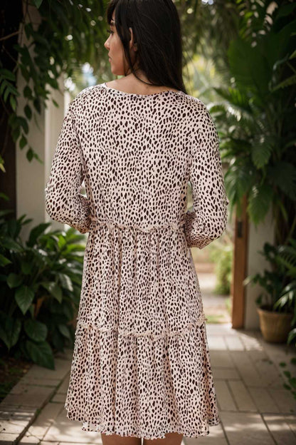 loose leopard print v neck dress drop shoulder a line closed cape paneled 133200