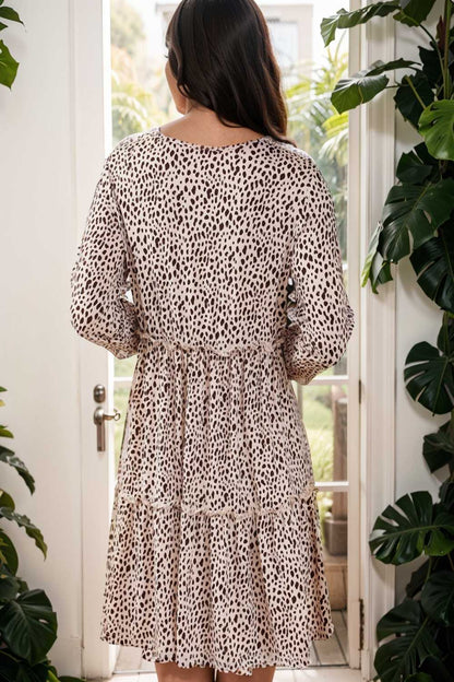 loose leopard print v neck dress drop shoulder a line closed cape paneled 127190