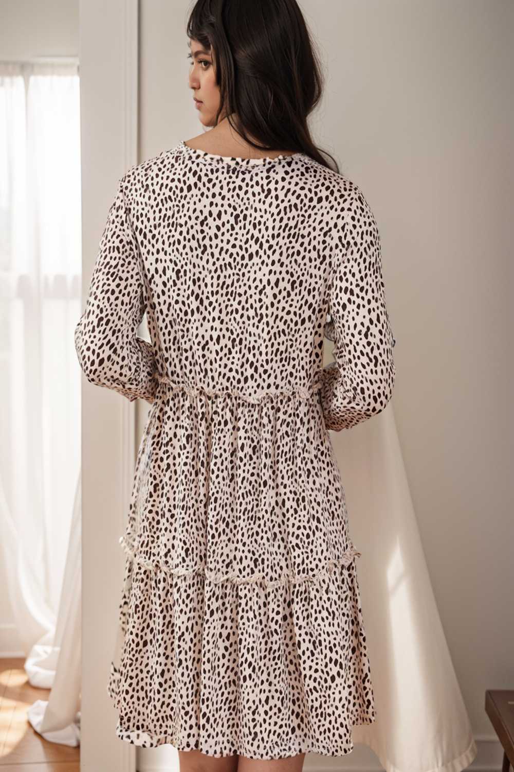 loose leopard print v neck dress drop shoulder a line closed cape paneled 105160