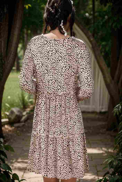 loose leopard print v neck dress drop shoulder a line closed cape paneled 131193