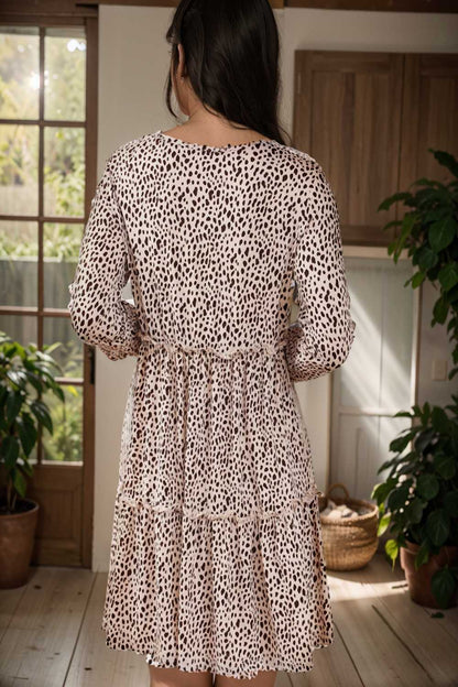 loose leopard print v neck dress drop shoulder a line closed cape paneled 134291
