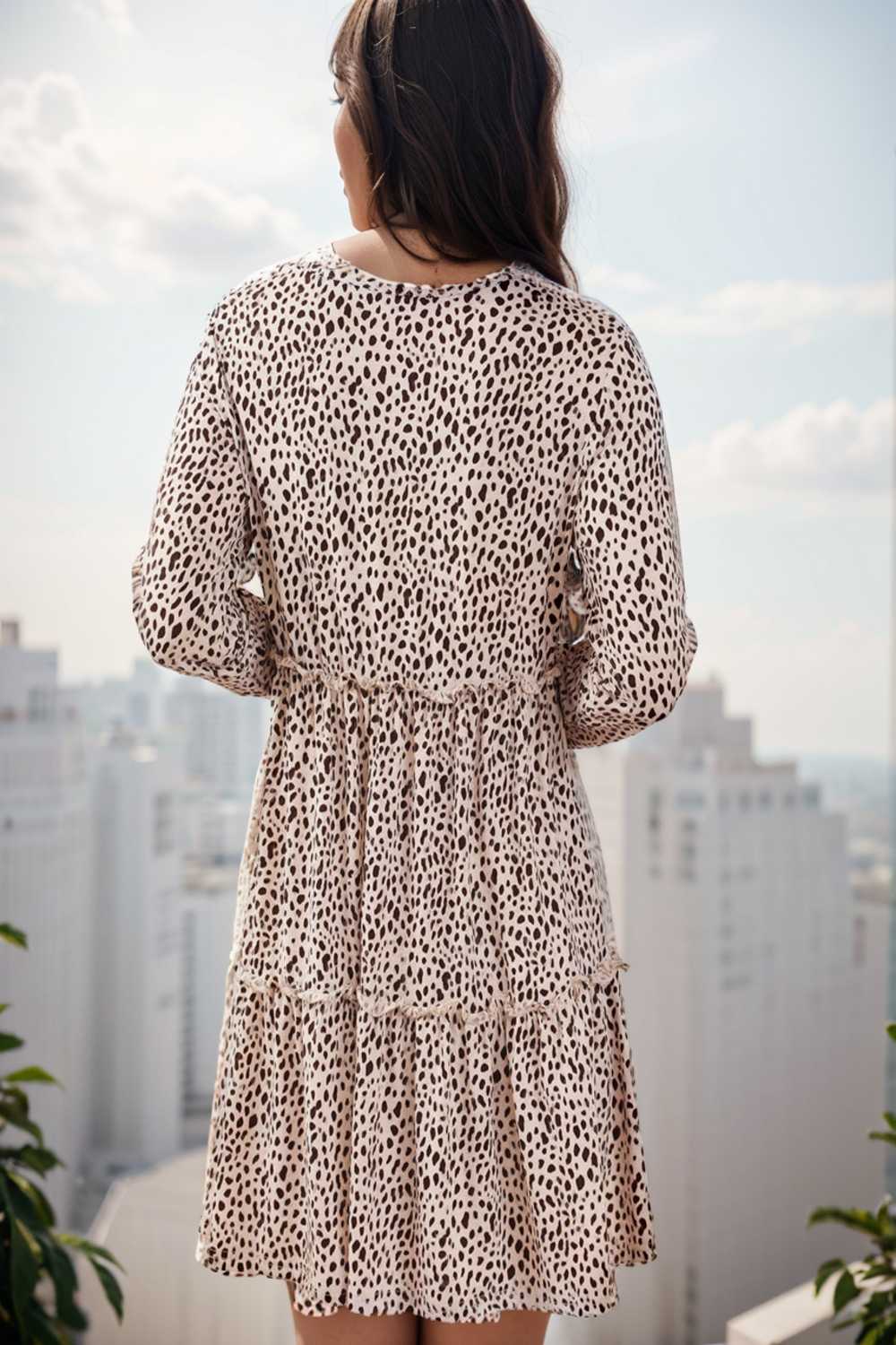 loose leopard print v neck dress drop shoulder a line closed cape paneled 104835