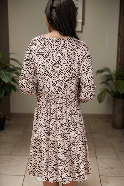 loose leopard print v neck dress drop shoulder a line closed cape paneled 128376