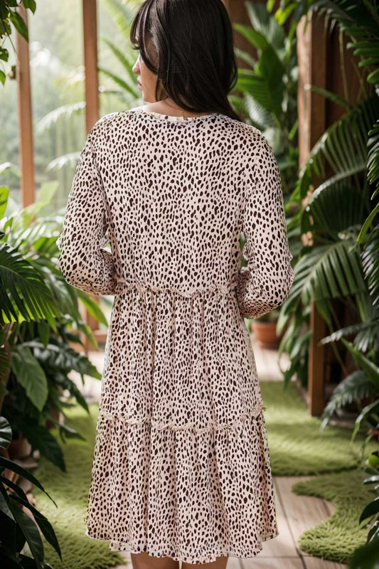 loose leopard print v neck dress drop shoulder a line closed cape paneled 134966