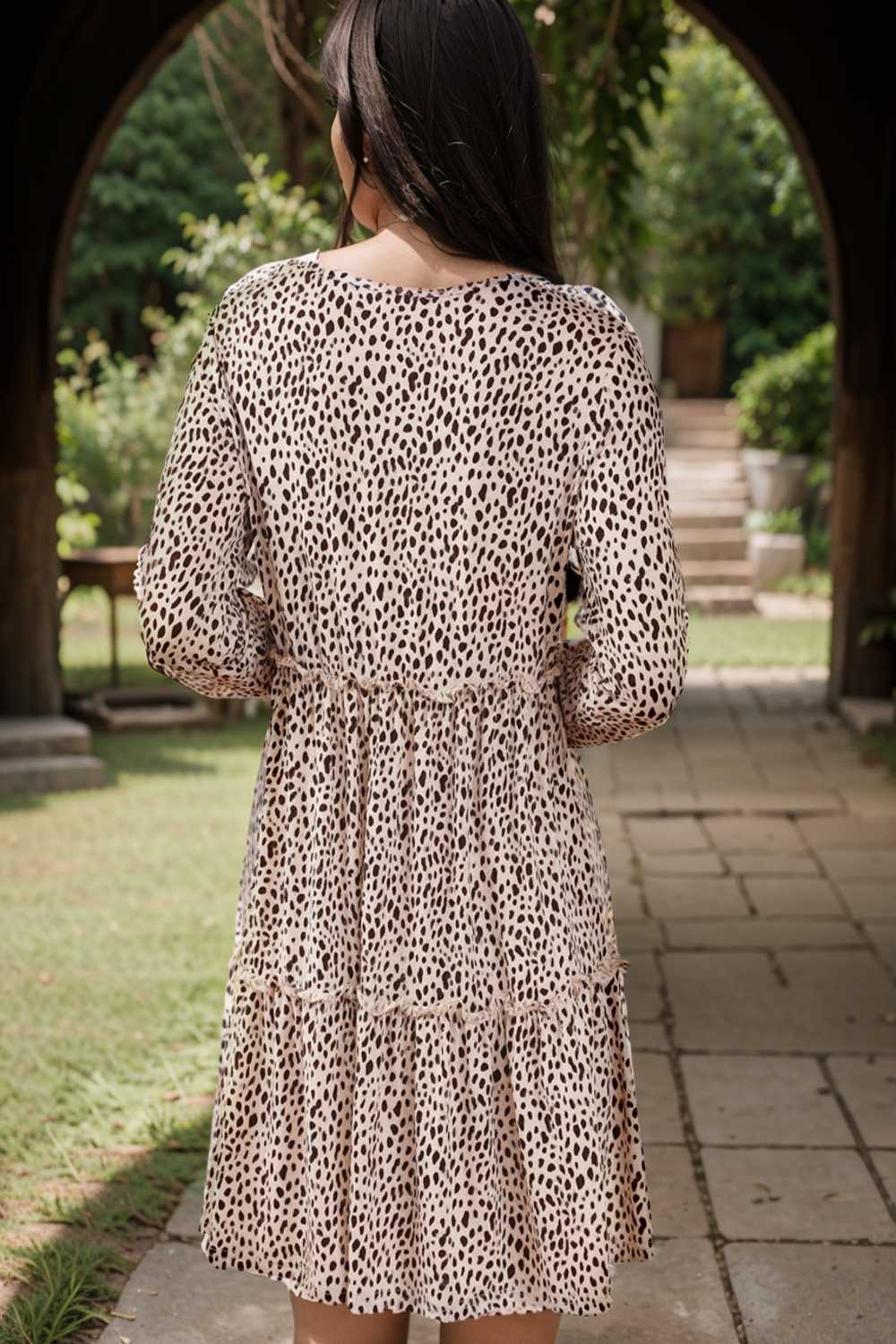 loose leopard print v neck dress drop shoulder a line closed cape paneled 106491
