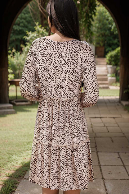 loose leopard print v neck dress drop shoulder a line closed cape paneled 106491