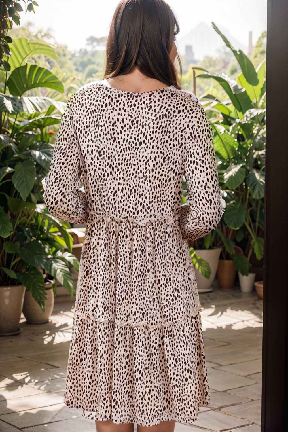 loose leopard print v neck dress drop shoulder a line closed cape paneled 132927