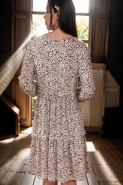 loose leopard print v neck dress drop shoulder a line closed cape paneled 127189