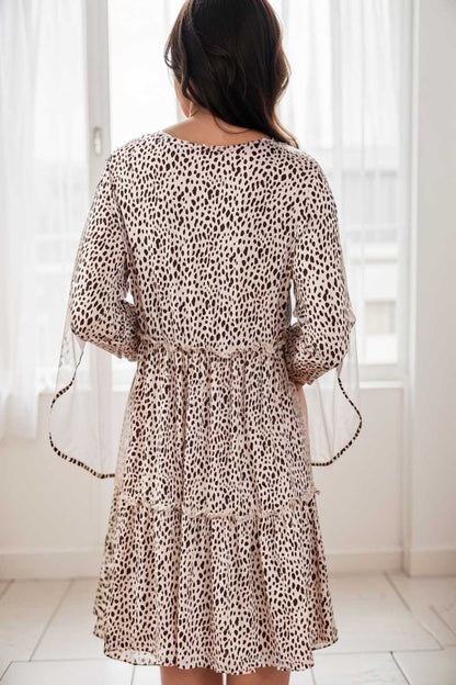 loose leopard print v neck dress drop shoulder a line closed cape paneled 106490