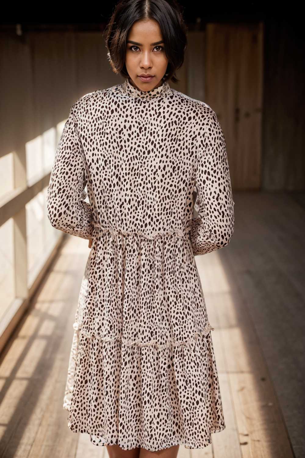loose leopard print v neck dress drop shoulder a line closed cape paneled 107670