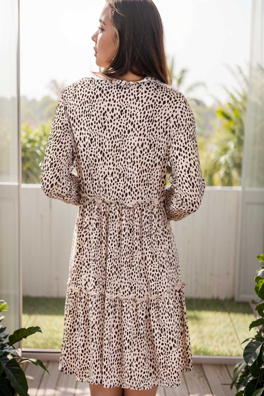 loose leopard print v neck dress drop shoulder a line closed cape paneled 110060