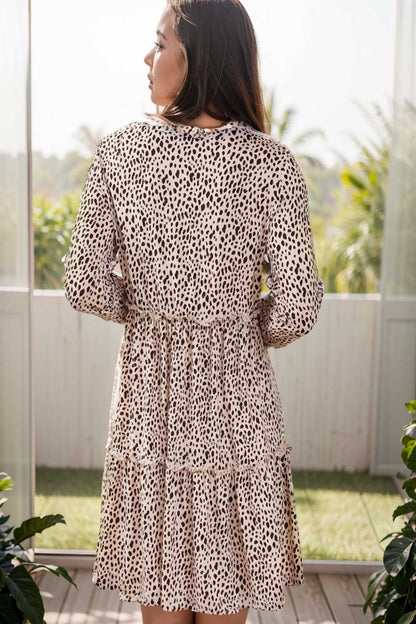 loose leopard print v neck dress drop shoulder a line closed cape paneled 110060