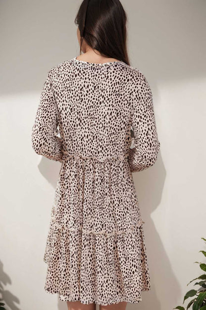 loose leopard print v neck dress drop shoulder a line closed cape paneled 105159