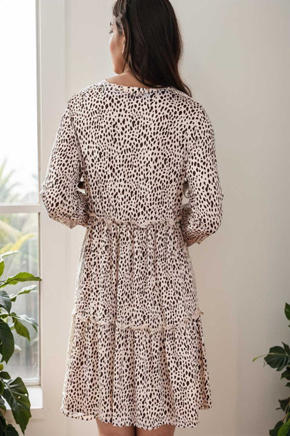 loose leopard print v neck dress drop shoulder a line closed cape paneled 135383