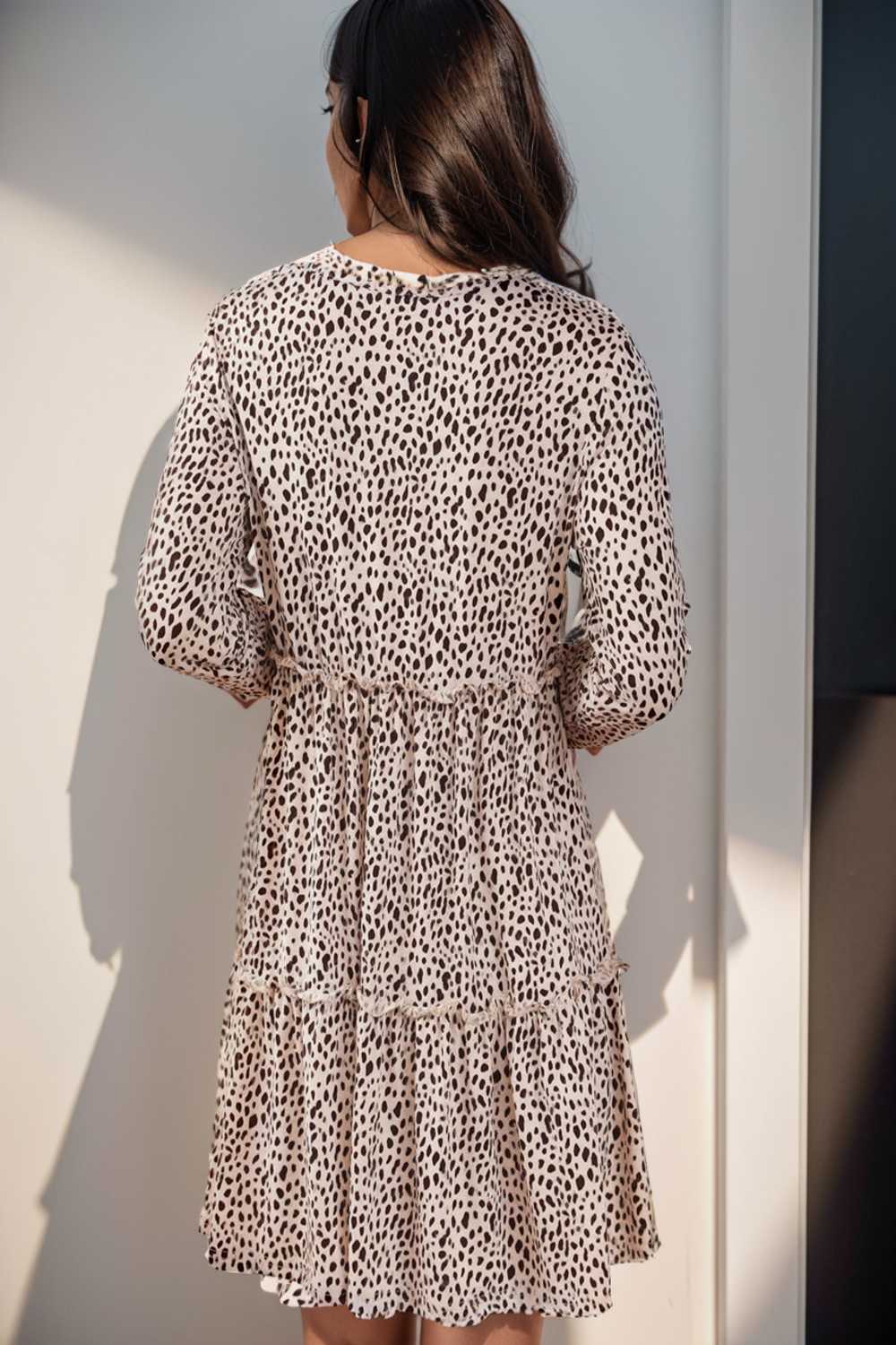 loose leopard print v neck dress drop shoulder a line closed cape paneled 106489