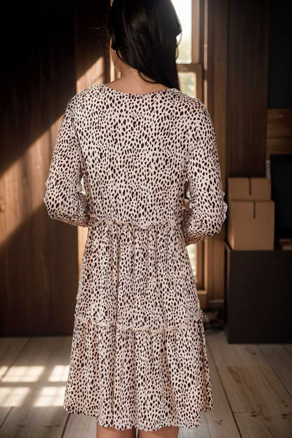 loose leopard print v neck dress drop shoulder a line closed cape paneled 115580
